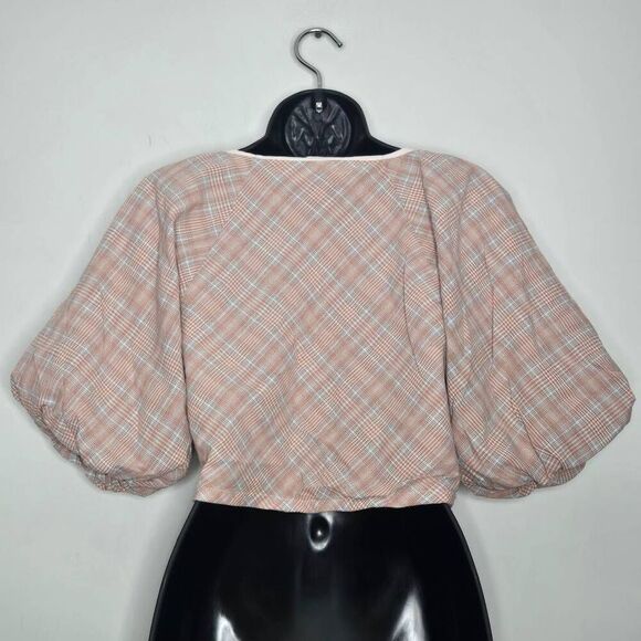 DRA Los Angeles Plaid Crop Top Size Medium Cinched Balloon Sleeves - Picture 3 of 6